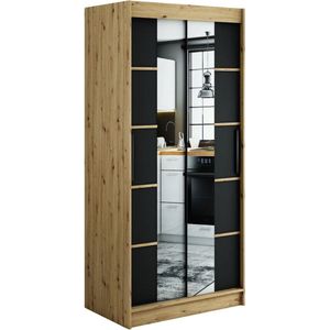 InspireMe - Kledingkast met 2 schuifdeuren, Modern-stijl, Een kledingkast met planken en een spiegel (BxHxD): 100x200x62 - JARED V4 100 Artisan Eik + Zwart Mat met 2 lades