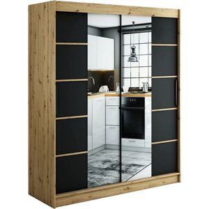 InspireMe - Kledingkast met 2 schuifdeuren, Modern-stijl, Een kledingkast met planken en een spiegel (BxHxD): 180x200x62 - JARED V4 180 Artisan Eik + Zwart Mat