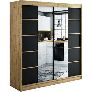 InspireMe - Kledingkast met 2 schuifdeuren, Modern-stijl, Een kledingkast met planken en een spiegel (BxHxD): 200x200x62 - JARED V4 200 Artisan Eik + Zwart Mat met 4 lades