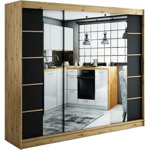 InspireMe - Kledingkast met 3 schuifdeuren, Modern-stijl, Een kledingkast met planken en een spiegel (BxHxD): 250x200x62 - JARED V4 250 Artisan Eik + Zwart Mat
