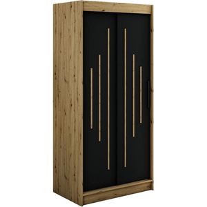InspireMe - Kledingkast met 2 schuifdeuren, Modern-stijl, Een kledingkast met planken (BxHxD): 100x200x62 - JARED Y 100 Artisan Eik + Zwart Mat