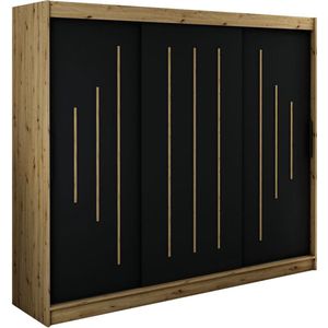InspireMe - Kledingkast met 3 schuifdeuren, Modern-stijl, Een kledingkast met planken (BxHxD): 250x200x62 - JARED Y 250 Artisan Eik + Zwart Mat met 4 lades