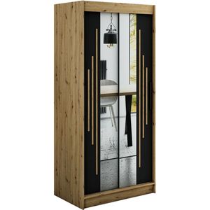 InspireMe - Kledingkast met 2 schuifdeuren, Modern-stijl, Een kledingkast met planken en een spiegel (BxHxD): 100x200x62 - JARED Y1 100 Artisan Eik + Zwart Mat met 2 lades