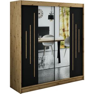 InspireMe - Kledingkast met 2 schuifdeuren, Modern-stijl, Een kledingkast met planken en een spiegel (BxHxD): 200x200x62 - JARED Y1 200 Artisan Eik + Zwart Mat met 4 lades