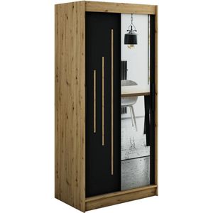 InspireMe - Kledingkast met 2 schuifdeuren, Modern-stijl, Een kledingkast met planken en een spiegel (BxHxD): 100x200x62 - JARED Y2 100 Artisan Eik + Zwart Mat
