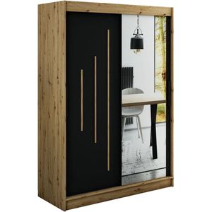 InspireMe - Kledingkast met 2 schuifdeuren, Modern-stijl, Een kledingkast met planken en een spiegel (BxHxD): 150x200x62 - JARED Y2 150 Artisan Eik + Zwart Mat met 2 lades