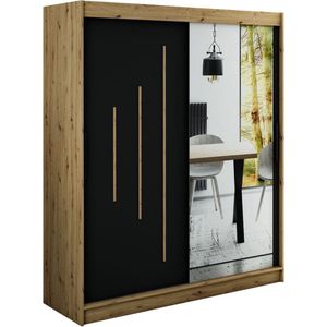 InspireMe - Kledingkast met 2 schuifdeuren, Modern-stijl, Een kledingkast met planken en een spiegel (BxHxD): 180x200x62 - JARED Y2 180 Artisan Eik + Zwart Mat met 4 lades