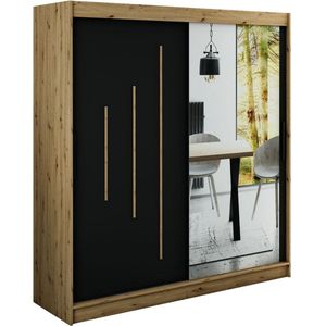 InspireMe - Kledingkast met 2 schuifdeuren, Modern-stijl, Een kledingkast met planken en een spiegel (BxHxD): 200x200x62 - JARED Y2 200 Artisan Eik + Zwart Mat met 4 lades