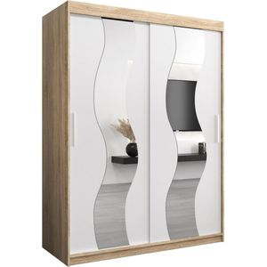 InspireMe - Kledingkast met 2 schuifdeuren, Modern-stijl, Een kledingkast met planken en een spiegel (BxHxD): 150x200x62 - REESE 150 Sonoma Eik + Wit Mat