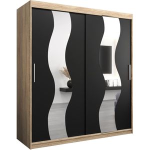 InspireMe - Kledingkast met 2 schuifdeuren, Modern-stijl, Een kledingkast met planken en een spiegel (BxHxD): 180x200x62 - REESE 180 Sonoma Eik + Zwart Mat