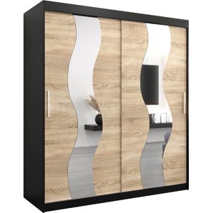 InspireMe - Kledingkast met 2 schuifdeuren, Modern-stijl, Een kledingkast met planken en een spiegel (BxHxD): 180x200x62 - REESE 180 Zwart Mat + Sonoma Eik