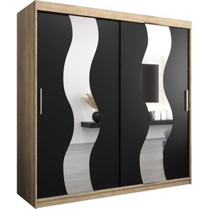 InspireMe - Kledingkast met 2 schuifdeuren, Modern-stijl, Een kledingkast met planken en een spiegel (BxHxD): 200x200x62 - REESE 200 Sonoma Eik + Zwart Mat