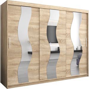 InspireMe - Kledingkast met 3 schuifdeuren, Modern-stijl, Een kledingkast met planken en een spiegel (BxHxD): 250x200x62 - REESE 250 Sonoma Eik