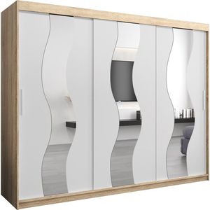 InspireMe - Kledingkast met 3 schuifdeuren, Modern-stijl, Een kledingkast met planken en een spiegel (BxHxD): 250x200x62 - REESE 250 Sonoma Eik + Wit Mat