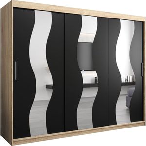 InspireMe - Kledingkast met 3 schuifdeuren, Modern-stijl, Een kledingkast met planken en een spiegel (BxHxD): 250x200x62 - REESE 250 Sonoma Eik + Zwart Mat