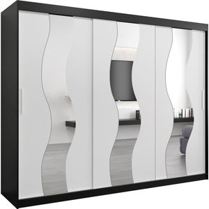 InspireMe - Kledingkast met 3 schuifdeuren, Modern-stijl, Een kledingkast met planken en een spiegel (BxHxD): 250x200x62 - REESE 250 Zwart Mat + Wit Mat