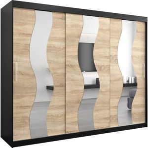 InspireMe - Kledingkast met 3 schuifdeuren, Modern-stijl, Een kledingkast met planken en een spiegel (BxHxD): 250x200x62 - REESE 250 Zwart Mat + Sonoma Eik