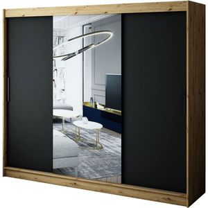 InspireMe - Kledingkast met 3 schuifdeuren, Modern-stijl, Een kledingkast met planken en een spiegel (BxHxD): 250x200x62 - JARED T1 250 Artisan Eik + Zwart Mat met 4 lades