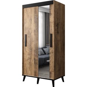InspireMe - Kledingkast met 2 schuifdeuren, Modern-stijl, Een kledingkast met planken en een spiegel (BxHxD): 100,5x208x62 - ASTERIX T2 100 Kastanje + Zwart Mat