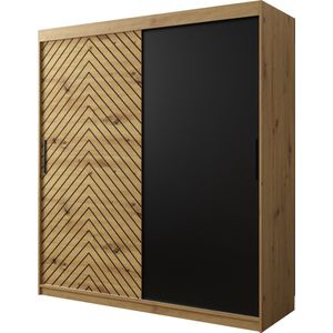 InspireMe - Kledingkast met 2 schuifdeuren, Modern-stijl, Een kledingkast met planken (BxHxD): 180x200x62 - LIMBA 180 Artisan Eik + Zwart Mat