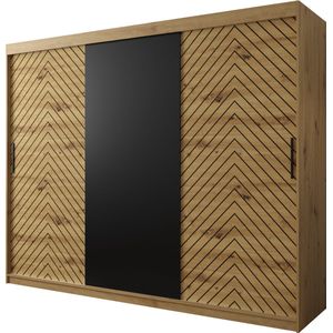 InspireMe - Kledingkast met 3 schuifdeuren, Modern-stijl, Een kledingkast met planken (BxHxD): 250x200x62 - LIMBA 250 Artisan Eik + Zwart Mat