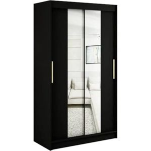 InspireMe - Kledingkast met 2 schuifdeuren, Modern-stijl, Een kledingkast met planken en een spiegel (BxHxD): 120x200x62 - KAIR T1 120 Zwart Mat + Gouden