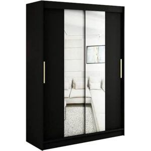 InspireMe - Kledingkast met 2 schuifdeuren, Modern-stijl, Een kledingkast met planken en een spiegel (BxHxD): 150x200x62 - KAIR T1 150 Zwart Mat + Gouden