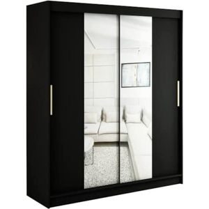 InspireMe - Kledingkast met 2 schuifdeuren, Modern-stijl, Een kledingkast met planken en een spiegel (BxHxD): 180x200x62 - KAIR T1 180 Zwart Mat + Gouden