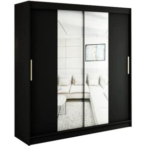 InspireMe - Kledingkast met 2 schuifdeuren, Modern-stijl, Een kledingkast met planken en een spiegel (BxHxD): 200x200x62 - KAIR T1 200 Zwart Mat + Gouden