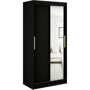 InspireMe - Kledingkast met 2 schuifdeuren, Modern-stijl, Een kledingkast met planken en een spiegel (BxHxD): 100x200x62 - KAIR T2 100 Zwart Mat + Gouden