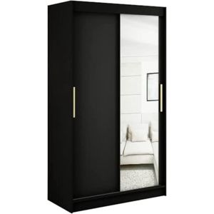 InspireMe - Kledingkast met 2 schuifdeuren, Modern-stijl, Een kledingkast met planken en een spiegel (BxHxD): 120x200x62 - KAIR T2 120 Zwart Mat + Gouden