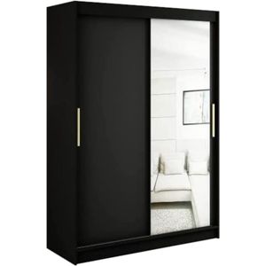 InspireMe - Kledingkast met 2 schuifdeuren, Modern-stijl, Een kledingkast met planken en een spiegel (BxHxD): 150x200x62 - KAIR T2 150 Zwart Mat + Gouden