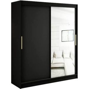 InspireMe - Kledingkast met 2 schuifdeuren, Modern-stijl, Een kledingkast met planken en een spiegel (BxHxD): 180x200x62 - KAIR T2 180 Zwart Mat + Gouden