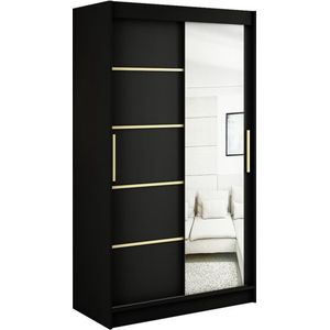 InspireMe - Kledingkast met 2 schuifdeuren, Modern-stijl, Een kledingkast met planken en een spiegel (BxHxD): 120x200x62 - KAIR V2 120 Zwart Mat + Gouden