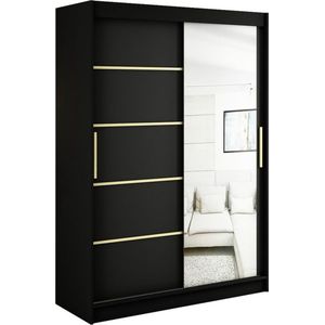 InspireMe - Kledingkast met 2 schuifdeuren, Modern-stijl, Een kledingkast met planken en een spiegel (BxHxD): 150x200x62 - KAIR V2 150 Zwart Mat + Gouden