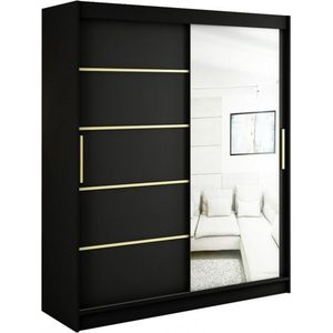 InspireMe - Kledingkast met 2 schuifdeuren, Modern-stijl, Een kledingkast met planken en een spiegel (BxHxD): 180x200x62 - KAIR V2 180 Zwart Mat + Gouden
