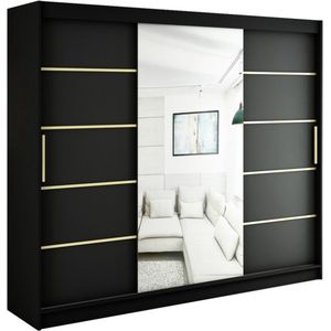 InspireMe - Kledingkast met 3 schuifdeuren, Modern-stijl, Een kledingkast met planken en een spiegel (BxHxD): 250x200x62 - KAIR V2 250 Zwart Mat + Gouden