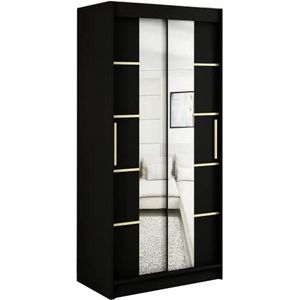 InspireMe - Kledingkast met 2 schuifdeuren, Modern-stijl, Een kledingkast met planken en een spiegel (BxHxD): 100x200x62 - KAIR V4 100 Zwart Mat + Gouden