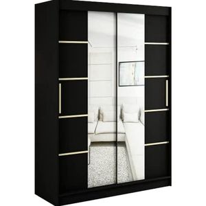 InspireMe - Kledingkast met 2 schuifdeuren, Modern-stijl, Een kledingkast met planken en een spiegel (BxHxD): 150x200x62 - KAIR V4 150 Zwart Mat + Gouden
