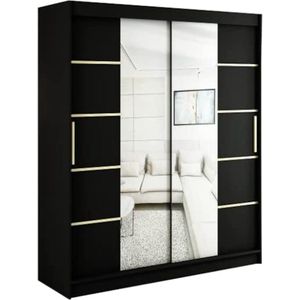 InspireMe - Kledingkast met 2 schuifdeuren, Modern-stijl, Een kledingkast met planken en een spiegel (BxHxD): 180x200x62 - KAIR V4 180 Zwart Mat + Gouden