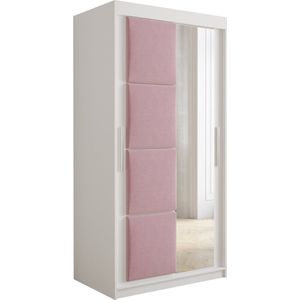 InspireMe - Kledingkast met 2 schuifdeuren, Modern-stijl, Kledingkast met planken, Kastfronten met spiegel en gestoffeerde panelen (BxHxD): 100x200x62 - TAPILA 100 - Wit Mat + Roze