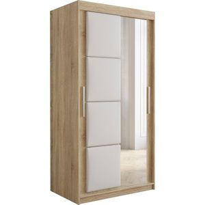 InspireMe - Kledingkast met 2 schuifdeuren, Modern-stijl, Kledingkast met planken, Kastfronten met spiegel en gestoffeerde panelen (BxHxD): 100x200x62 - TAPILA 100 - Sonoma Eik + Wit