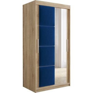 InspireMe - Kledingkast met 2 schuifdeuren, Modern-stijl, Kledingkast met planken, Kastfronten met spiegel en gestoffeerde panelen (BxHxD): 100x200x62 - TAPILA 100 - Sonoma Eik + Blauw