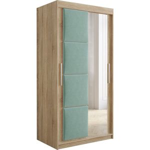 InspireMe - Kledingkast met 2 schuifdeuren, Modern-stijl, Kledingkast met planken, Kastfronten met spiegel en gestoffeerde panelen (BxHxD): 100x200x62 - TAPILA 100 - Sonoma Eik + Munt
