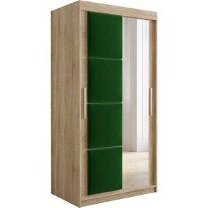 InspireMe - Kledingkast met 2 schuifdeuren, Modern-stijl, Kledingkast met planken, Kastfronten met spiegel en gestoffeerde panelen (BxHxD): 100x200x62 - TAPILA 100 - Sonoma Eik + Groente