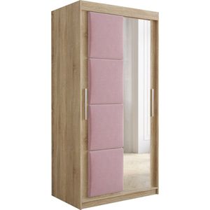 InspireMe - Kledingkast met 2 schuifdeuren, Modern-stijl, Kledingkast met planken, Kastfronten met spiegel en gestoffeerde panelen (BxHxD): 100x200x62 - TAPILA 100 - Sonoma Eik + Roze