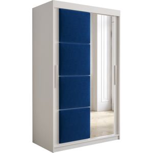 InspireMe - Kledingkast met 2 schuifdeuren, Modern-stijl, Kledingkast met planken, Kastfronten met spiegel en gestoffeerde panelen (BxHxD): 120x200x62 - TAPILA 120 - Wit Mat + Blauw