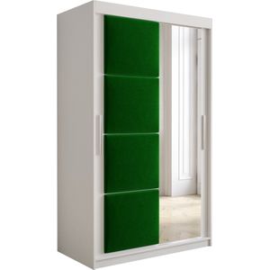 InspireMe - Kledingkast met 2 schuifdeuren, Modern-stijl, Kledingkast met planken, Kastfronten met spiegel en gestoffeerde panelen (BxHxD): 120x200x62 - TAPILA 120 - Wit Mat + Groente