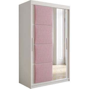 InspireMe - Kledingkast met 2 schuifdeuren, Modern-stijl, Kledingkast met planken, Kastfronten met spiegel en gestoffeerde panelen (BxHxD): 120x200x62 - TAPILA 120 - Wit Mat + Roze