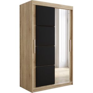 InspireMe - Kledingkast met 2 schuifdeuren, Modern-stijl, Kledingkast met planken, Kastfronten met spiegel en gestoffeerde panelen (BxHxD): 120x200x62 - TAPILA 120 - Sonoma Eik + Zwart